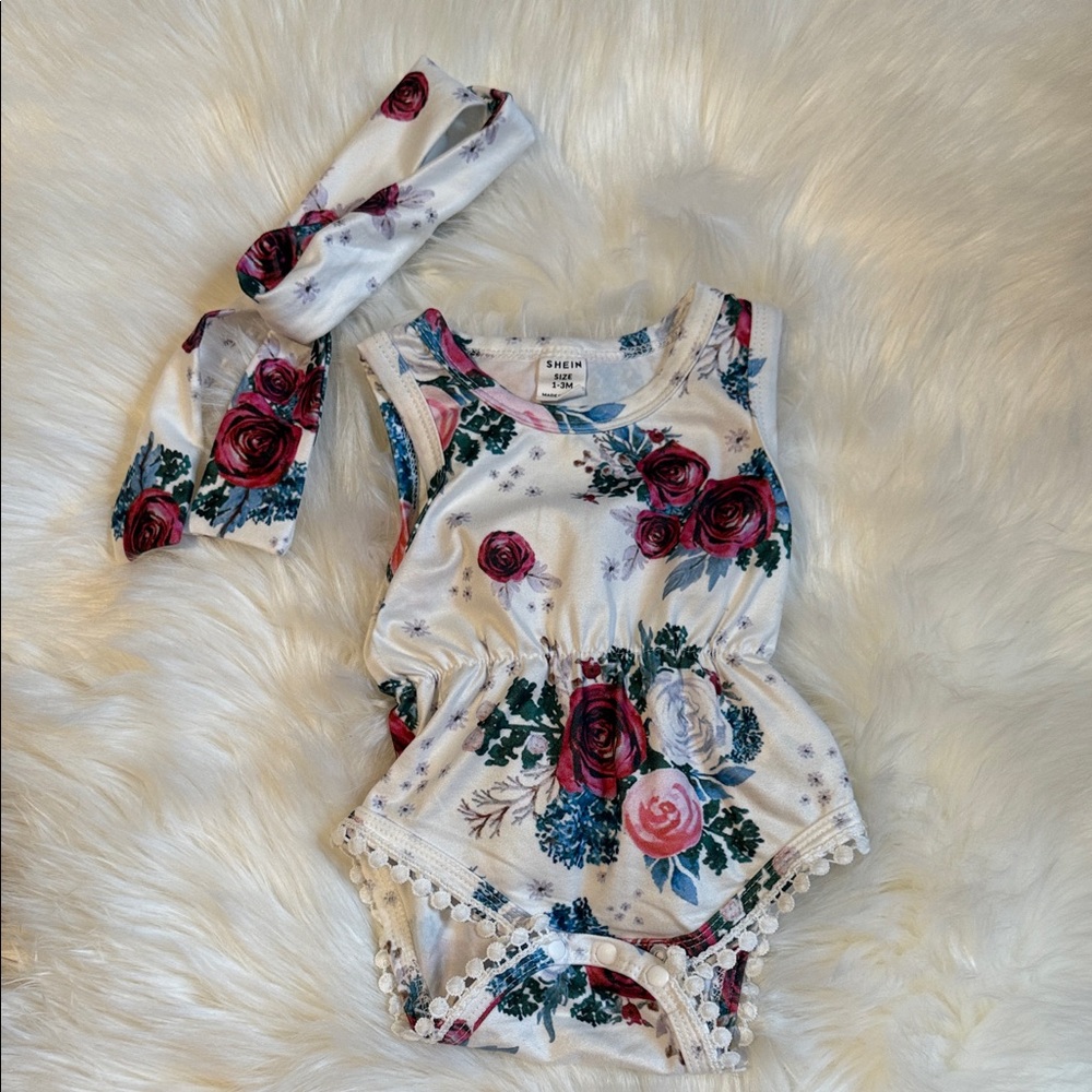 SHEIN White Floral Baby Romper with Headband
